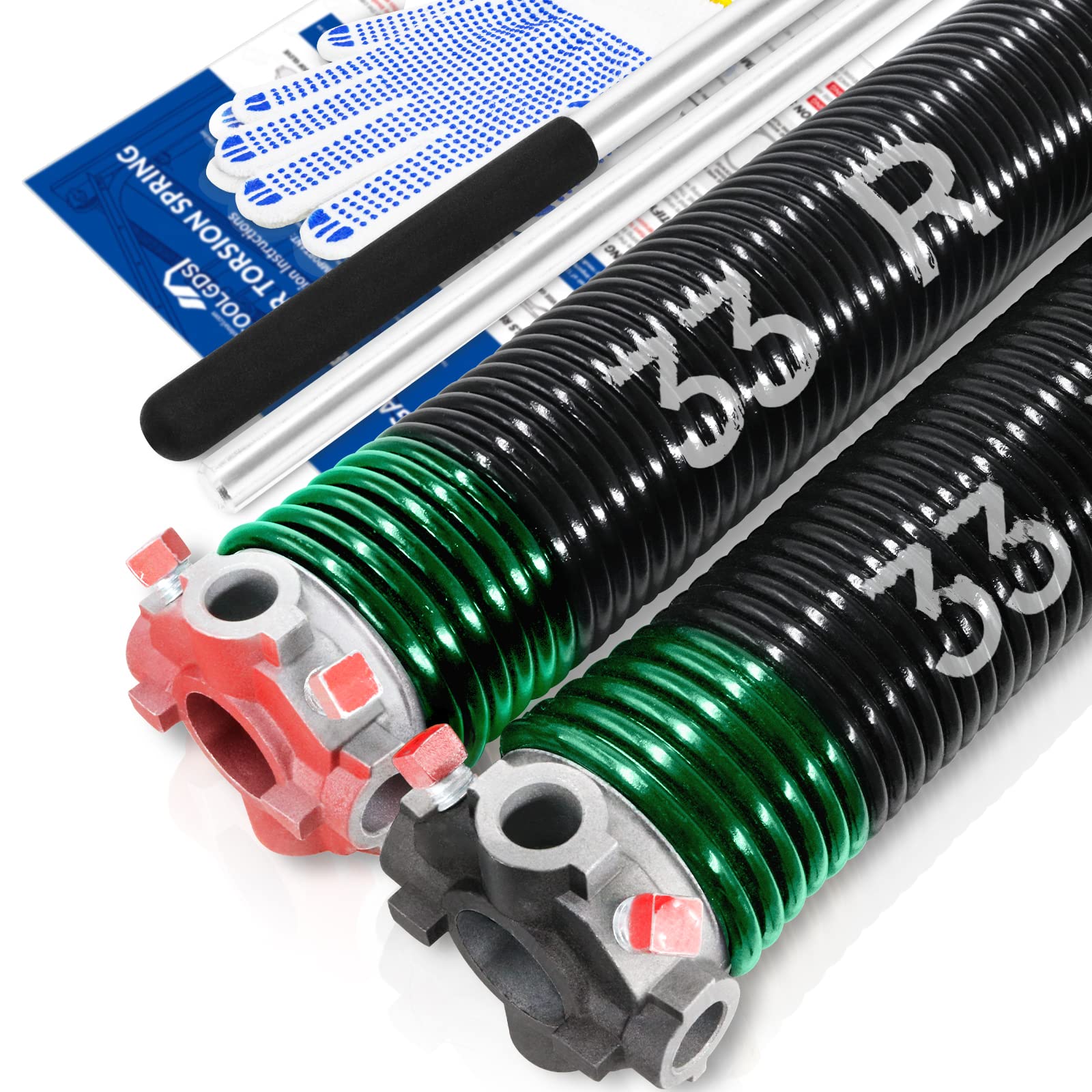 YoToolGDS Pair of 2" Garage Door Torsion Springs Set with Non-Slip Winding Bars & Gloves, High Precision Electrophoresis Oil-Free Black Coated for Replacement, MIN 16,000 Cycles (0.243x 2" x 33'') Image