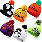 Mumufy 6 Pcs Halloween Beanie Hats Ghost Warm Stretch Winter Knit Hat | Ghost Pumpkin Skull Themed Patterns, Knit Stretchy Fits Most Adults, Perfect Costume Party Accessories for Men Women