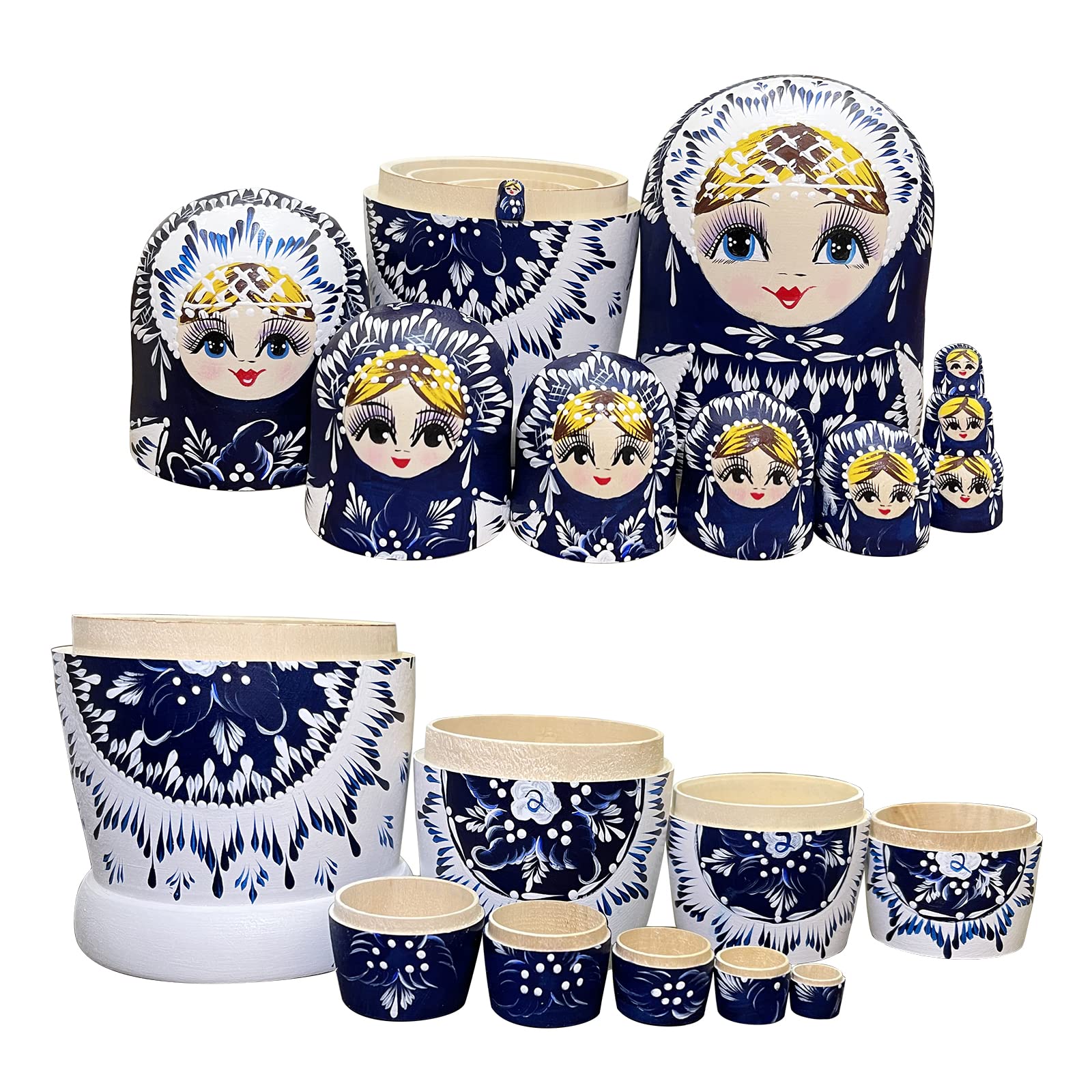 MINMEER Russian Nesting Dolls for Kids, Wooden Matryoshka Dolls 10 Piece Set, Cute Handmade Stacking Toys and Nesting Dolls for Toddlers, Russian Christmas Decorations