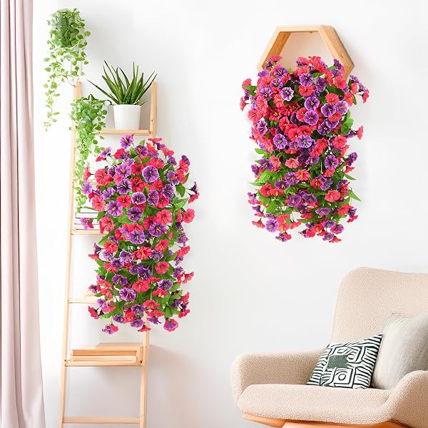 INQCMY ARTIFICIAL FLOWERS FOR OUTDOOR SPRING SUMMER DECORATION FAUX SILK MORNING GLORY FAKE HANGING FLOWERS UV RESISTANT LOOK REAL FOR HOME PORCH (HOT PINK&ORCHID-2B)