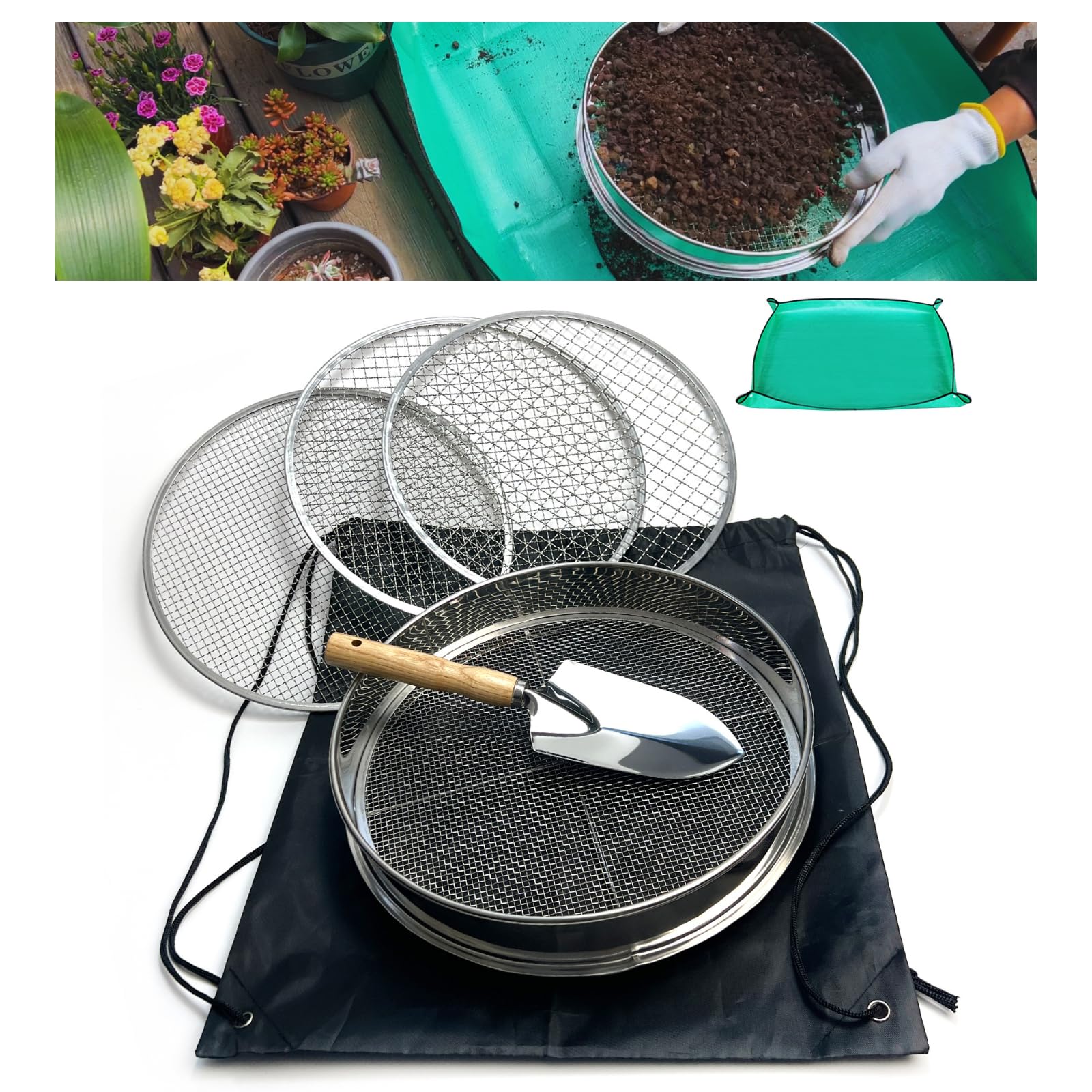 Photo 1 of Soil Sifter for Gardening, 12 Inch Stainless Steel Soil Sifter with 4 Replaceable Fine Screens and Shovel, Sieve for Sand Rocks Dirt Compost
