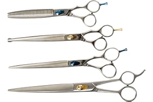 TAMSCO Delux e Grooming Set Of 4, Thinning Shear With Double Teeth Blade, Japanese Stainless Steel, Curved Blade Shear With Probe Tip, Classical Design, Removable Finger Rest