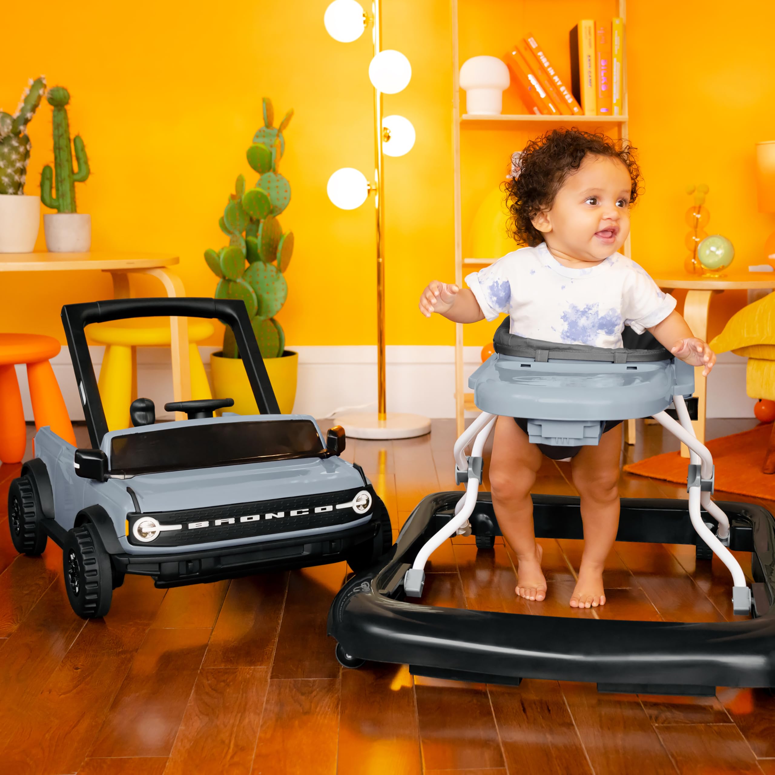 Bright Starts Ford Bronco 4-in-1 Blue Grey Baby Activity Center & Push Walker with Removable Interactive Steering Wheel -Toy, 6 Months and up