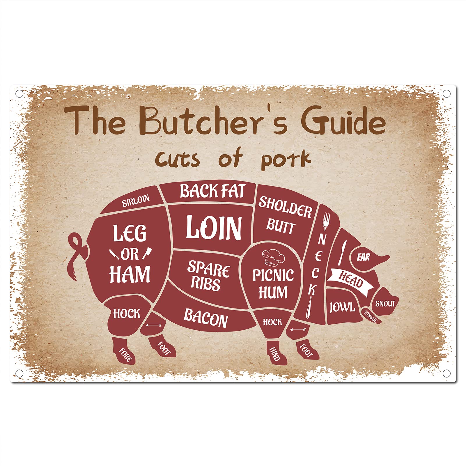 CREATCABIN Butcher Guide Signs Tin Plate Cuts of Pork Butcher's Guide Pig Funny Animal Metal Sign Vintage Kitchen Plaque Retro Decorations for Family Home Restaurant Wall Decor, 8x12Inch