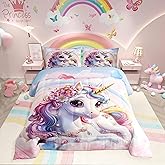 Erosebridal Unicorn Twin Comforter Set for Girls Cute Rainbow Unicorn Bedding Set for Kids Cartoon Pink Bedroom Decor for Girls Teen,1 Comforter+1 Pillowcase