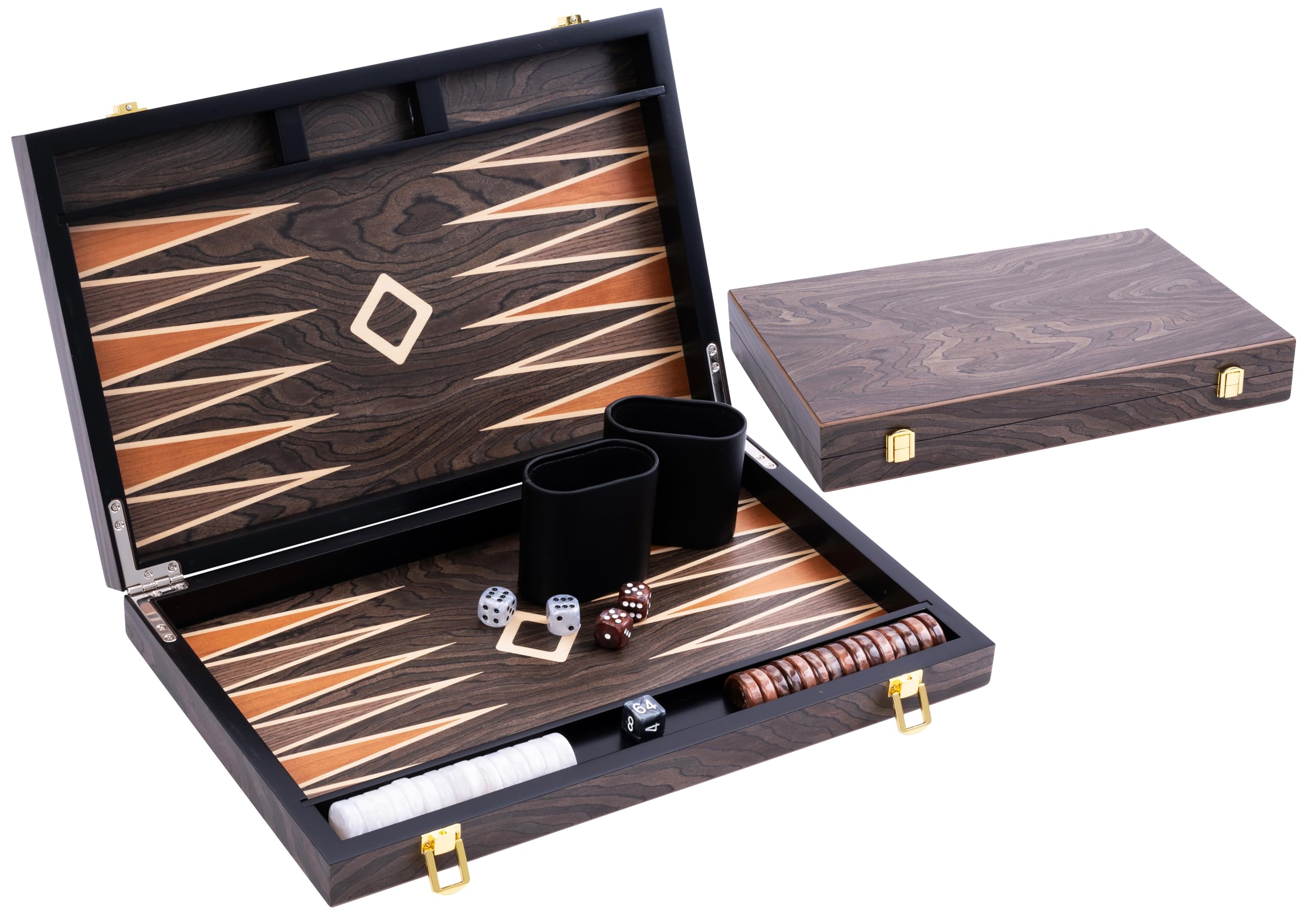 Engelhart – 250544 – Deluxe 15-inch Backgammon Set with Varnished Ebony Wood Veneer – Brown – Metal Closure – Pearly Dice, Chips, and Wooden Cups Included – 2 Players – Game Rules Included – Ages 6+