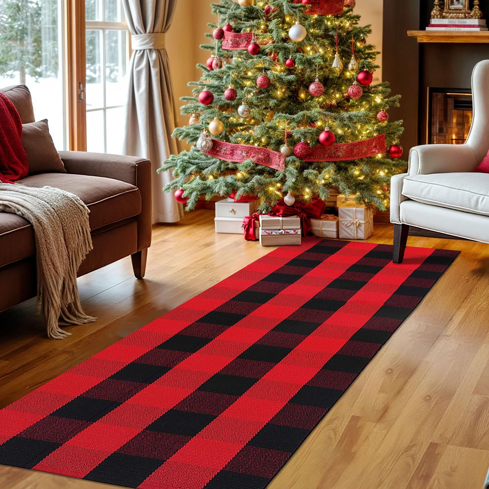 Photo 1 of IOHOUZE Christmas Buffalo Plaid Runner Rug 2x6 Ft Outdoor Indoor Runner Rug Red Black Check Washable Hallway Runner Woven Cotton Checkered Kitchen Rug Christmas Decor for Entryway Hallway Kitchen
