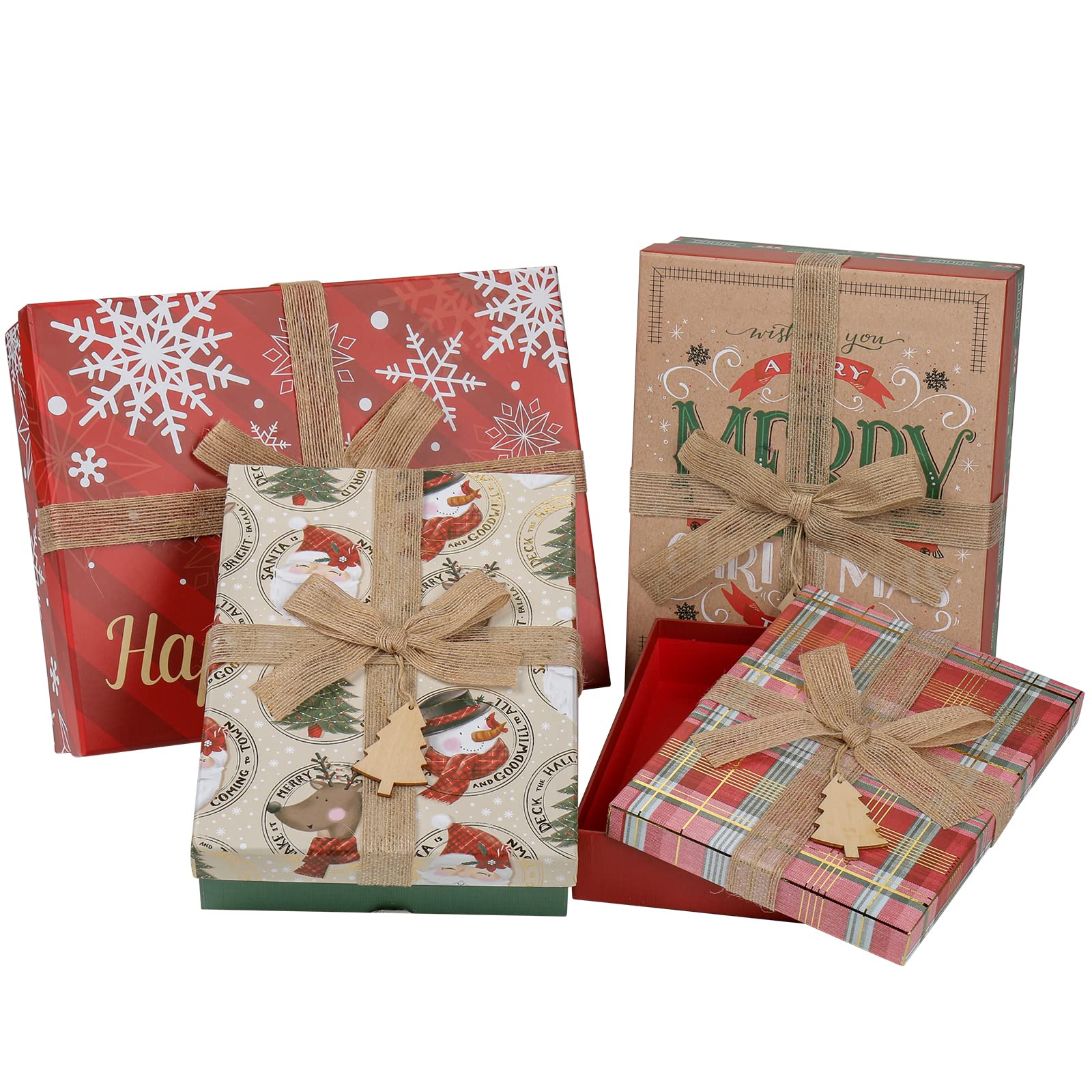 Briful Gift Boxes with Lids for Christmas, Set of 4 Christmas Boxes for Presents, Rectangular Present Box Xmas Small Gift Box Set for Crafts, Chocolate, Kids Toys, Festival Decorations