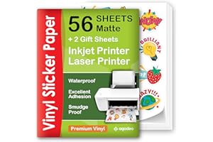 AGODEO Premium Printable Vinyl Sticker Paper for Inkjet & Laser Printer - 56 Sheets Self-Adhesive Sheets Matte White Waterproof, Dries Quickly Vivid Colors, Holds Ink Well - Tear Resistant