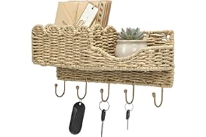 YINGXUN Hook Woven Paper Rattan Key Holder & Mail Organizer, Scalloped Wave Design Decorative Wall Mount for Entryway and Hal