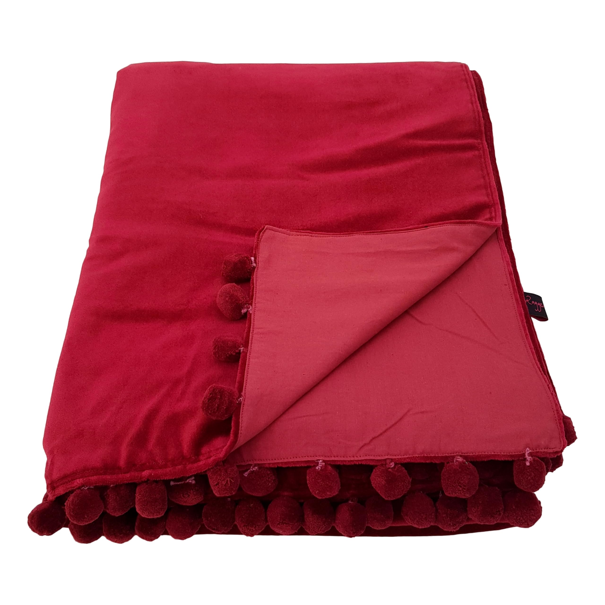 Ragged Rose 140 cm x 180 cm Throw Blanket - Pom Pom Throw Made of Cotton Velvet with Pompom Trims on Sides - Versatile Cotton Velvet Blanket for Sofa & Bed