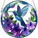 Jawnlity Stained Glass Sun Cather for Window Hanging, Hummingbird Suncatcher with Purple Flowers for Indoor Ornament, Bird Stain Glass Home Decor for Women, Mom, Grandma