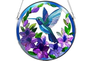 Jawnlity Stained Glass Sun Cather for Window Hanging, 6.3'' Hummingbird Suncatcher with Flowers for Indoor Ornament, Bird Stain Glass Home Decor for Women, Mother