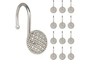 Sunlit Brushed Nickel 3D Beaded Mesh Shower Curtain Hooks, Metal Home Decorative Shower Curtain Rings for Bathroom, Modern Sh