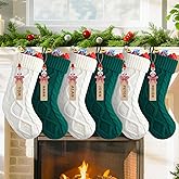 Minetom Personalized Christmas Stockings - 18” Large Knitted Xmas Stocking with DIY Snowman Wooden Name Tag, 6 Pack Hanging Family Stockings for Kids Mantels Christmas Holiday Decor, Green and White