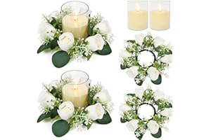 Acmee Pink Rose Candle Rings with Flameless Candles Sets - 12PCS Artificial Flower Eucalyptus Wedding Centerpiece 3 Inch Pillar Candleholders Wreaths for Wedding Party Decor (White - 2 Sets)