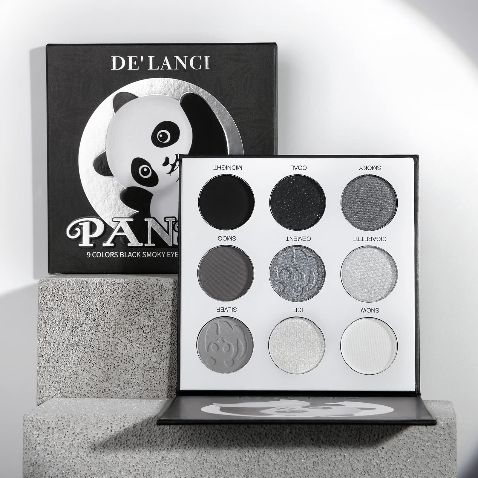 ecofavor Black Smoky Eye shadow Palette, DE’LANCI PANDA 9 Colors True Black Dark Grey Smokey Goth Makeup Pallet, 9 Soft Matte Shimmer High Pigmented Basic Black White Gray Shade for Halloween
