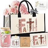 SilTriangle 6 Pcs Christian Gifts for Women Faith Set Religious Gift for Women with Tote Bag Makeup Bag Candle Cross Necklace Cup Greeting Card for Birthday Valentine Easter Church Inspiration(Pink)