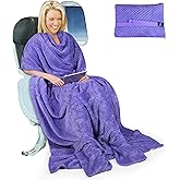 Tirrinia Travel Blanket and Pillow Set, Soft Compact Airplane Blanket with Foot Pockets, 4-in-1 Travel Essentials for Women Men, Portable Travel Gifts for Her, Travel Blanket for Airplanes, Cars