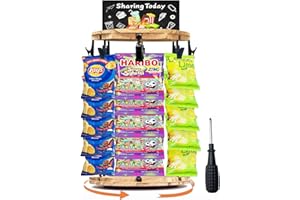 CENING Chip Rack Display Rack, Upgraded 5 Tiers 40 Wooden Base Snack Organizer Display Stand for Office Desk, 360°Rotating Wooden Base Chip Holder Candy Display for Concession Stand, Countertop, Party,Events
