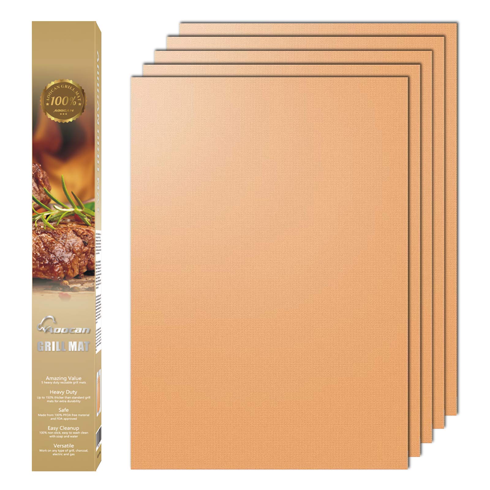 Aoocan Copper Grill Mat - Set of 5 Heavy Duty BBQ Grill Mats Non Stick, BBQ Grill &amp; Baking Mats - Reusable, Easy to Clean Barbecue Grilling Accessories - Extended Warranty