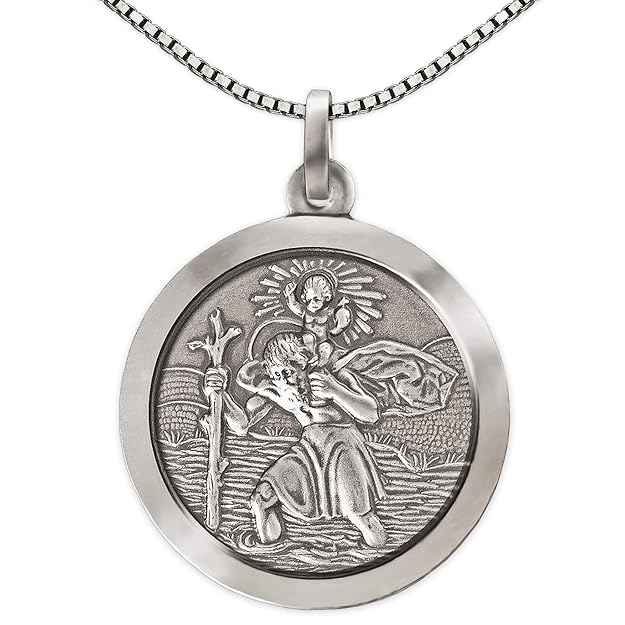 Clever Schmuck Set Silberner Anhänger Vorderseite großer Christopherus Ø 24 mm antik geschwärzt glänzend Rückseite matt mit K
