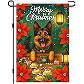 IVN Christmas Garden Flag 12x18 Inch Double Sided German Shepherd Dog with Poinsettia Flowers Lanterns Christmas Cookies Outdoor Yard Flag for Outside Home Front Door Lawn Porch Patio Welcome Decor