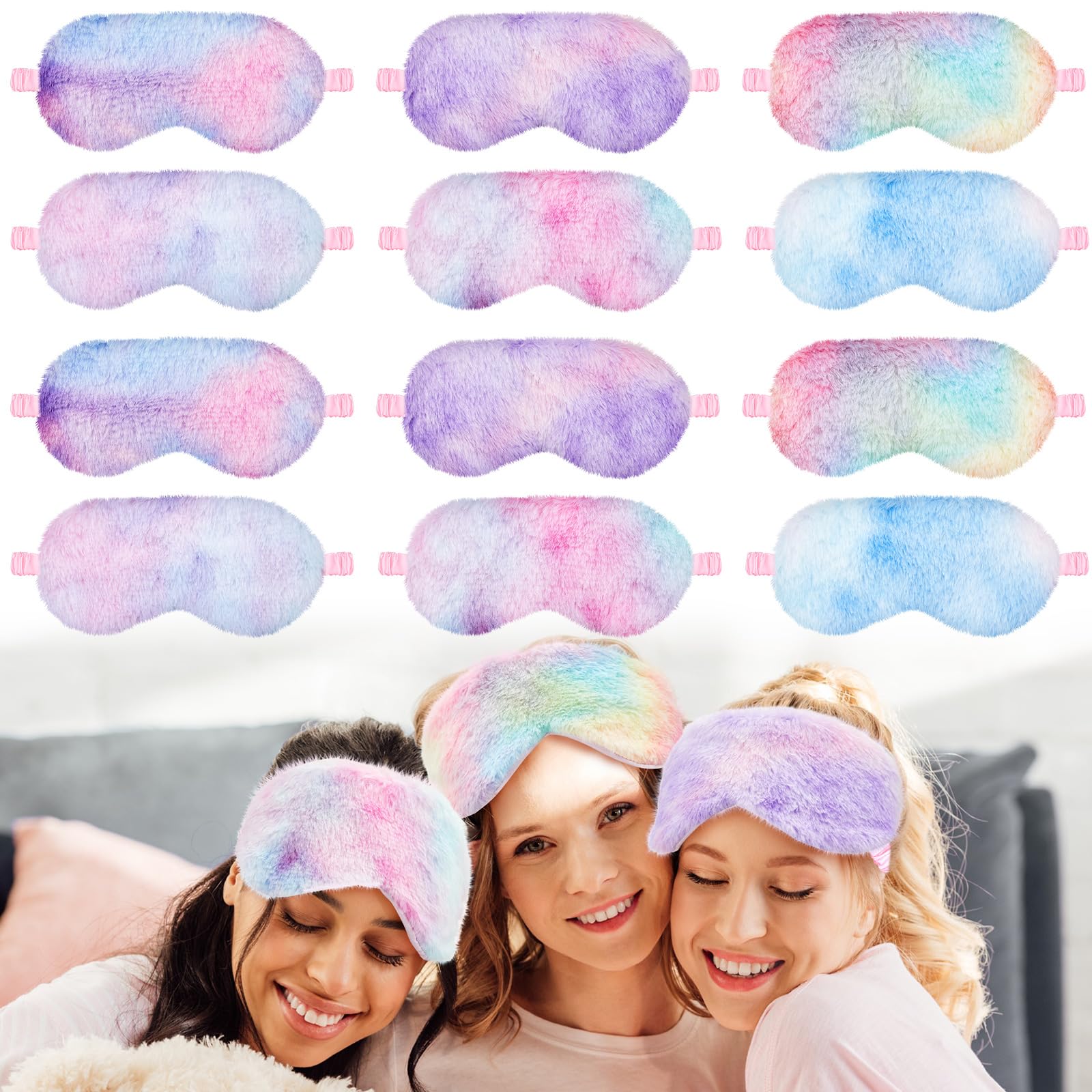 Photo 1 of Cuffbow 12 Pcs Plush Sleeping Eye Masks Bulk Comfortable Sleep Eye Cover Mask for Kids Women Men Soft Furry Blindfold Faux Fur Shade for Travel Nap Sleepover Party Supplies