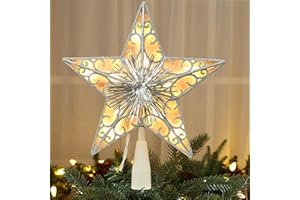 ODEETRONIC Christmas Tree Topper, 9" Silver Tinsel 3D Star Tree Topper Lights, Double Sided Glittered Christmas Tree Topper with 10 Clear Lights, 120V UL Certified Star Topper for Xmas Tree Home Party