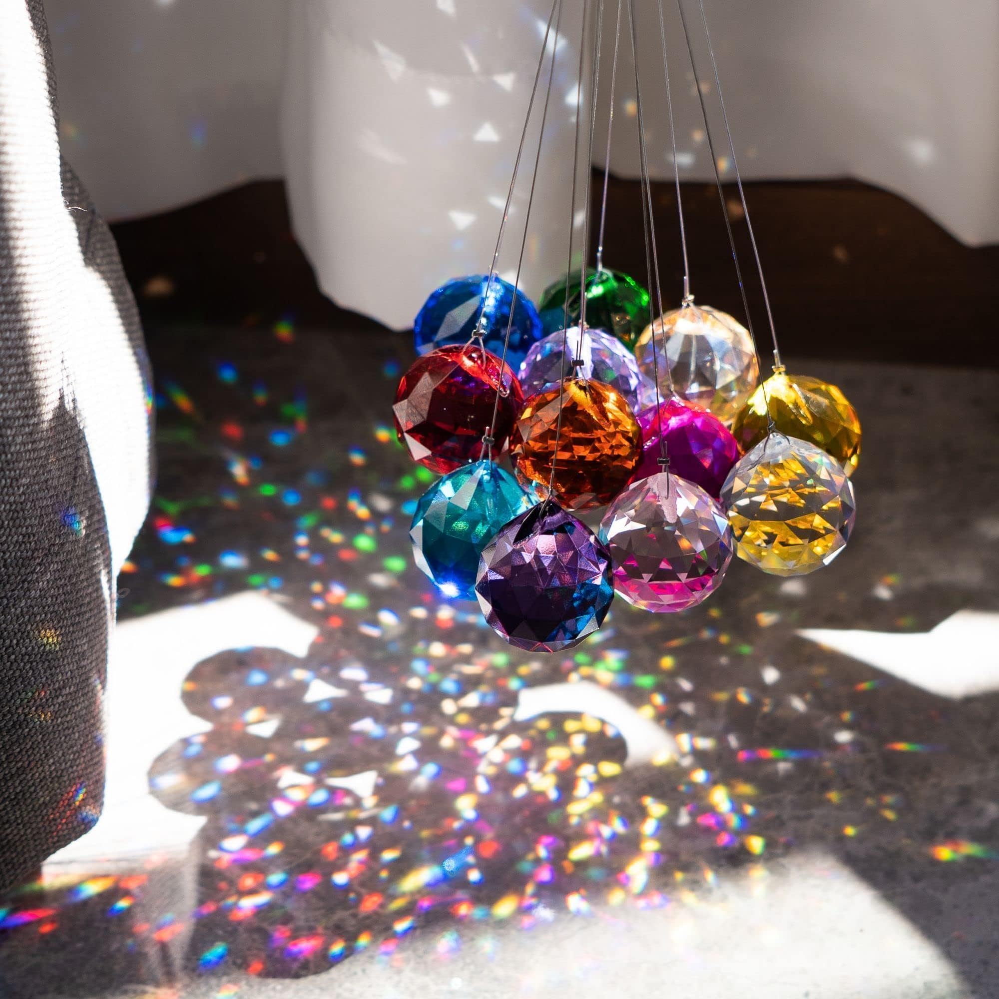 HDCRYSTALGIFTS 12PCS Crystal Suncatcher Colorful 30mm Rainbow Maker Crystal Prism Sun Catcher for Windows Hanging Crystals Glass Ball Prism Pendant Ornaments Multi-Color Christmas Hanging Pendant Deco