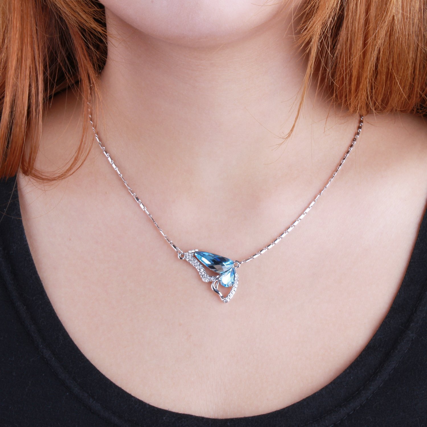 UHIBROS Heart Pendant Eternal Love Sliver Necklace Jewelry Silver Crystal Zircon Gift (Blue)