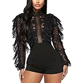 MKQW Sexy Lace Jumpsuit for Women Bodycon Long Sleeve Ruffle Mesh See Short Club Party One Piece Rompers Bodysuit