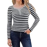Womens Lightweight Striped Sweater Long Sleeve Round Neck Button Down Henley Knit Pullover Tops Slim Fit Layers