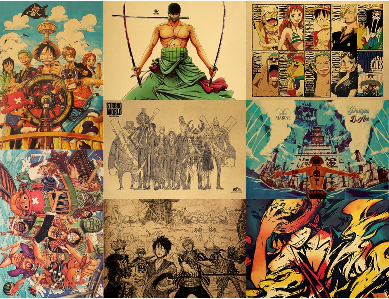 RINWUNS Poster, One Piece Wall Art Print, Monkey D. Luffy Anime Theme Pictures Decor for Bedroom, Home, Dorms, Office, Gift for Anime Fans, No Frame, Set of 8, 20" x 14" (OP-02)