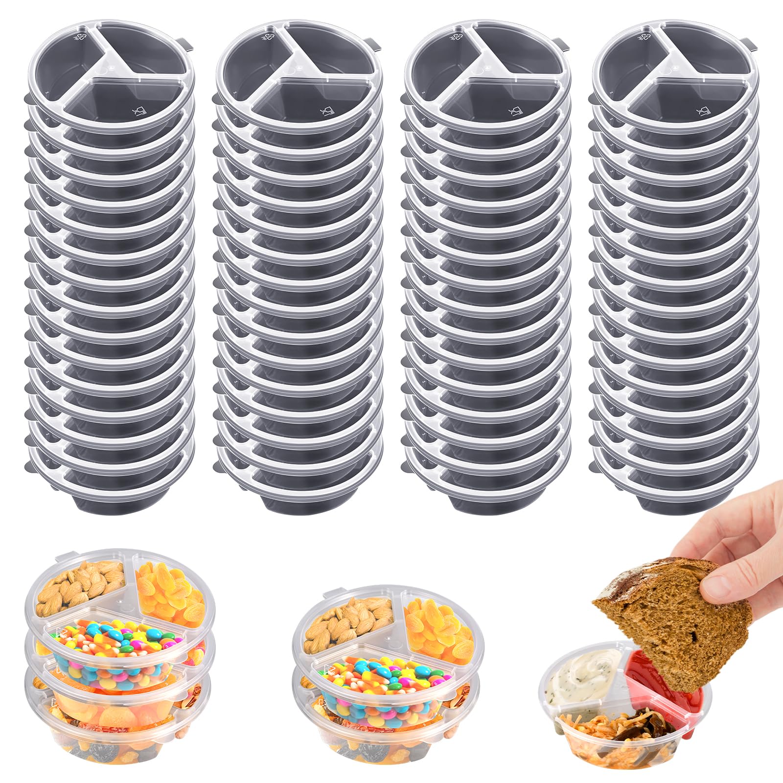 Photo 1 of BIEOFFEI 30 Pcs 3 Compartment Condiment Containers with Lids Disposable Sauce Cups 5 oz Small Plastic Snack Containers Portion Cups for Salsa Dips Dressing