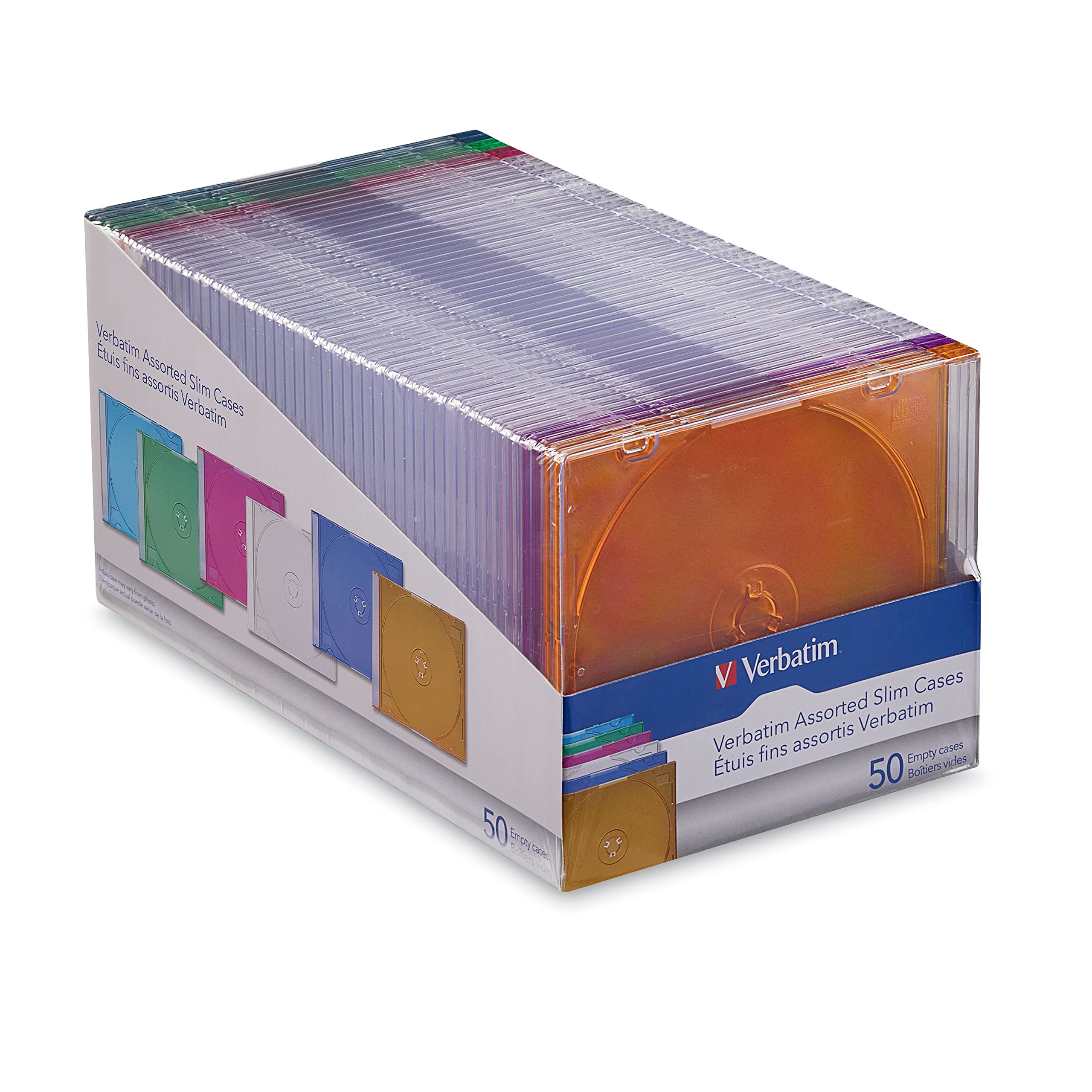 Photo 1 of Verbatim CD DVD Blu-Ray Disc Slim Storage Disc Cases 0.2 inches Assorted Colors 50 Pack (40 Clear - 10 Colors) -71128