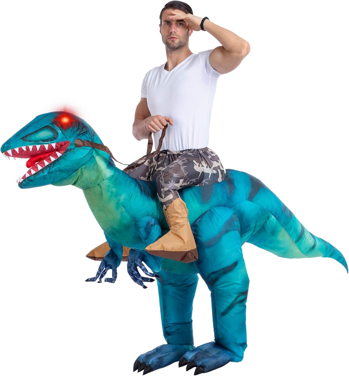 Spooktacular Creations Inflatable Raptor Riding a Raptor Dinosaur Deluxe Costume - Adult (Blue): Clothing