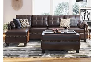 HONBAY Brown Leather Sectional Sofa with Ottoman - Easy Assembly, Storage Space