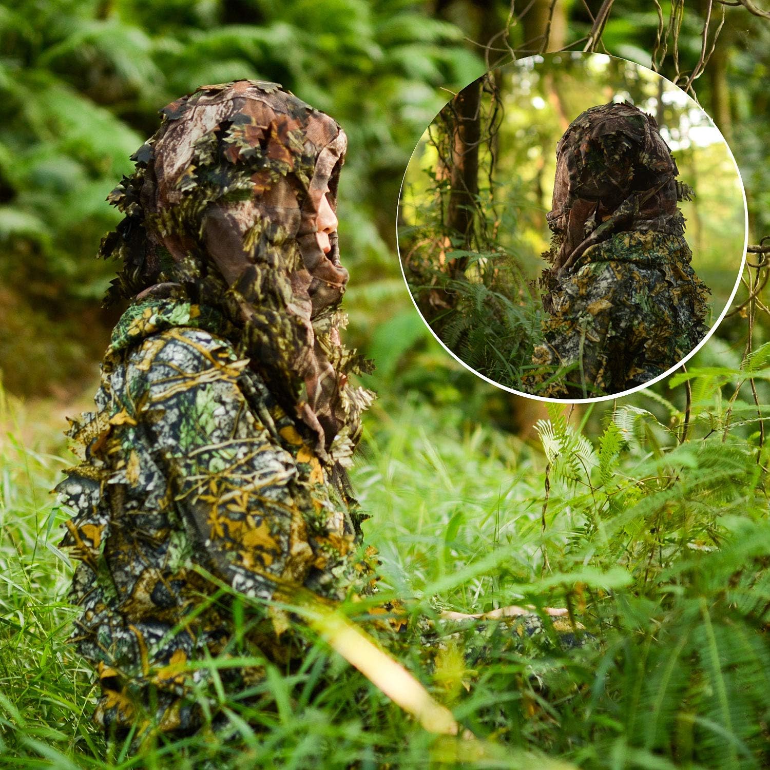 EAmber Ghillie Camouflage Leafy Hat 3D Full Face Mask Headwear Turkey Realtree Camo Hunter Hunting Accessories (Green Woodland Forest) : Sports & Outdoors