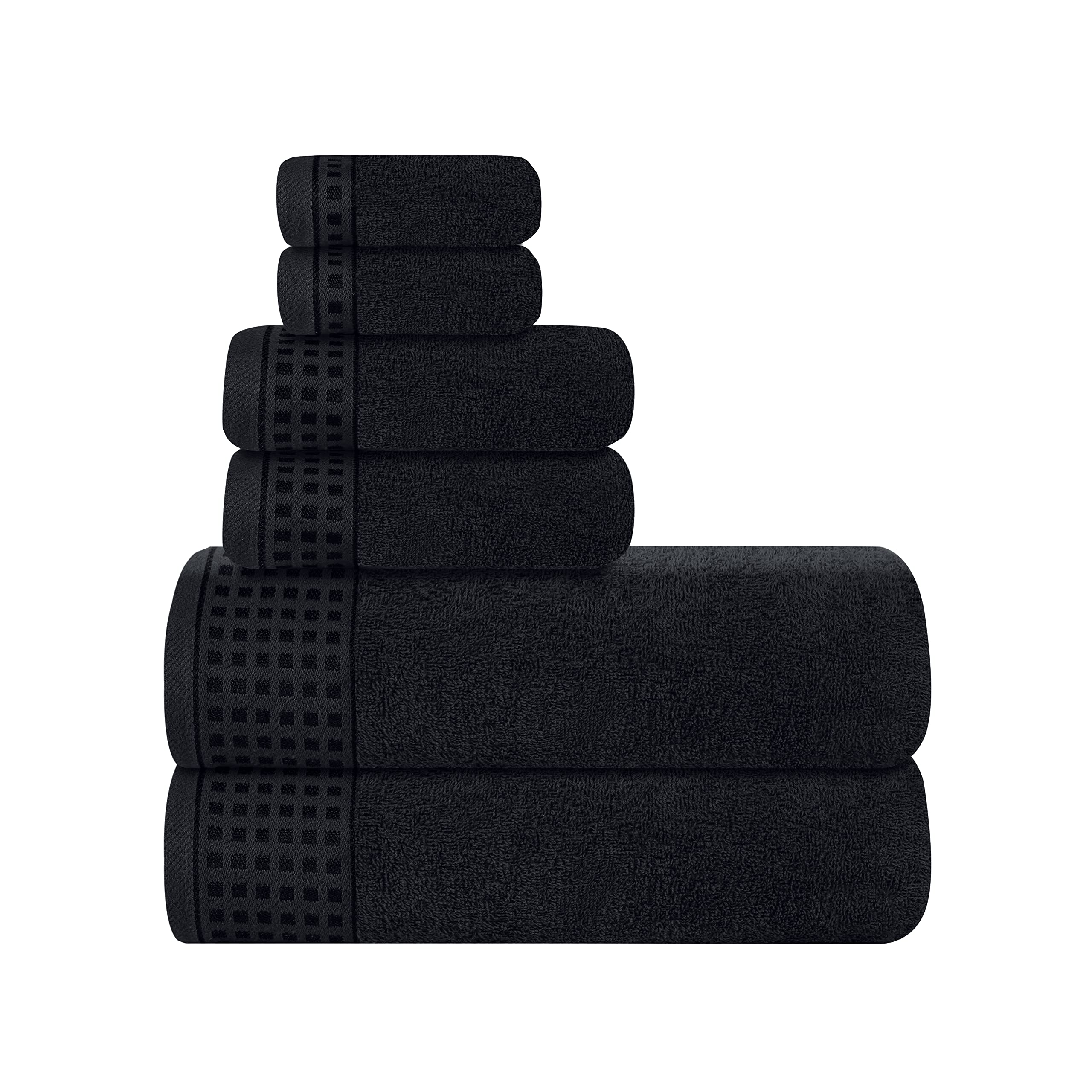 Photo 1 of GLAMBURG 100% Cotton Ultra Soft 6 Pack Towel Set, Contains 2 Bath Towels 28x55 Inches, 2 Hand Towels 16x24 Inches & 2 Wash Coths 12x12 Inches, Compact Absorbent Lightweight & Quickdry - Black