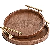 JUMBO HUMBLE Modern Decorative Serving Tray, Set of 2 Modern Crocodile Leather Round Trays with Polished Metal Handles, Decorative Trays Coffee Table Tray Ottoman Platter for Home Decor (Brown)