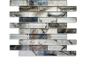 Artemuro Premium Blue Grey Glass Backsplash Tile Mosaics, Varied Gemstone Look Interlocking Strip Wall Tiles for Bathroom, Kitchen, Fireplace Decor (Pack of 5 Sheets)