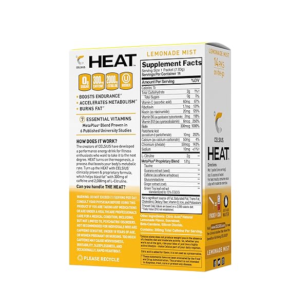 CELSIUS FGSS1313 HEAT ON-THE-GO PERFORMANCE ENERGY POWDER STICK PACKETS, LEMONADE MIST (PACK OF 14)