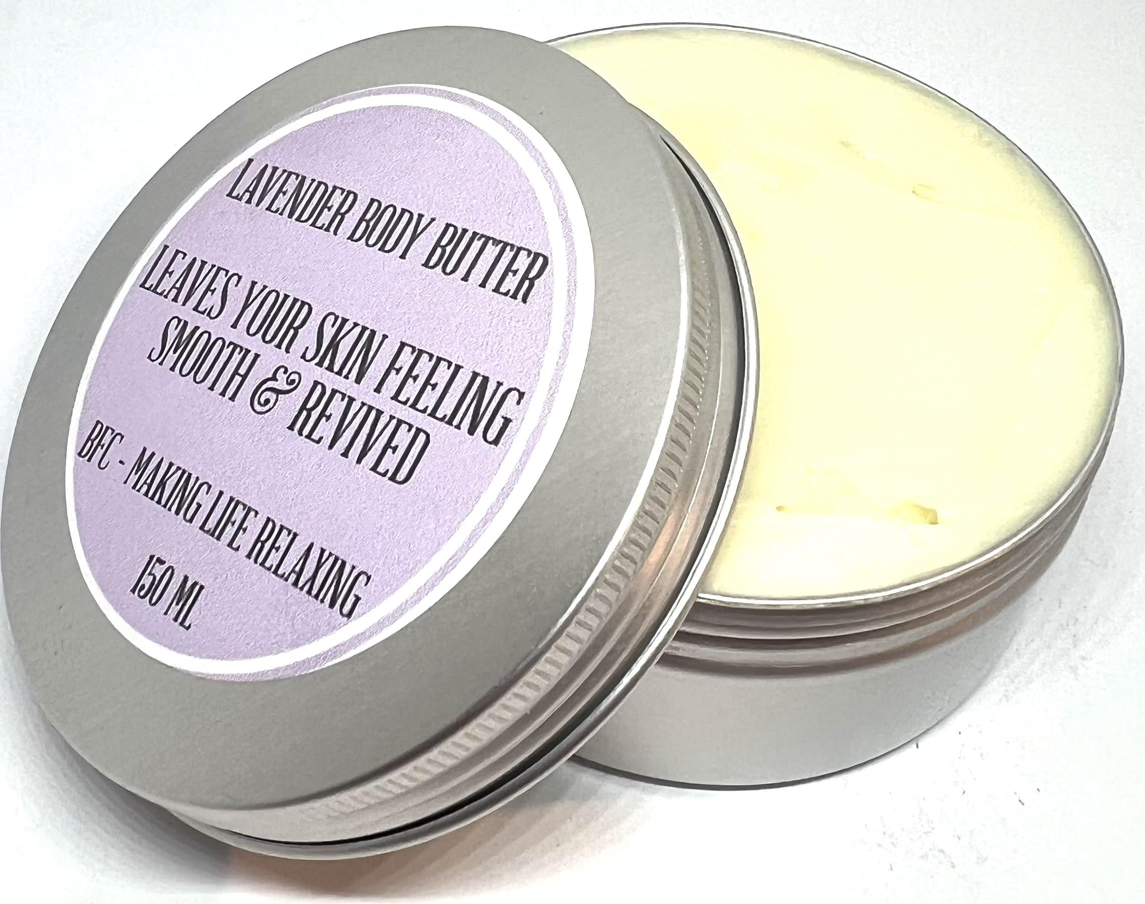 BFC Body Butter Lavender Scented 150ML Silver Tin - Made with Mango Butter, Shea Butter, Sweet Almond Carrier Oil and pure Lavender Essential Oil. Shipping on 48 Hour Tracked Service [Energy Class A++
