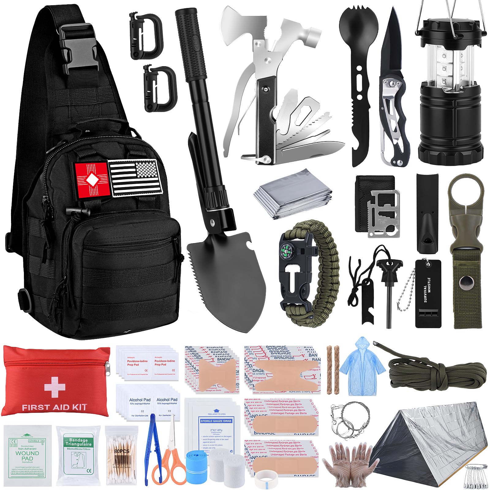 Survival Kit, Gifts for Christmas Men, Women, 251pcs Emergency Survival Gear and Supplies Equipment, First Aid Kit with Crossbody Bag, Camping Essentials for Earthquake, Hiking, Outdoor Adventure