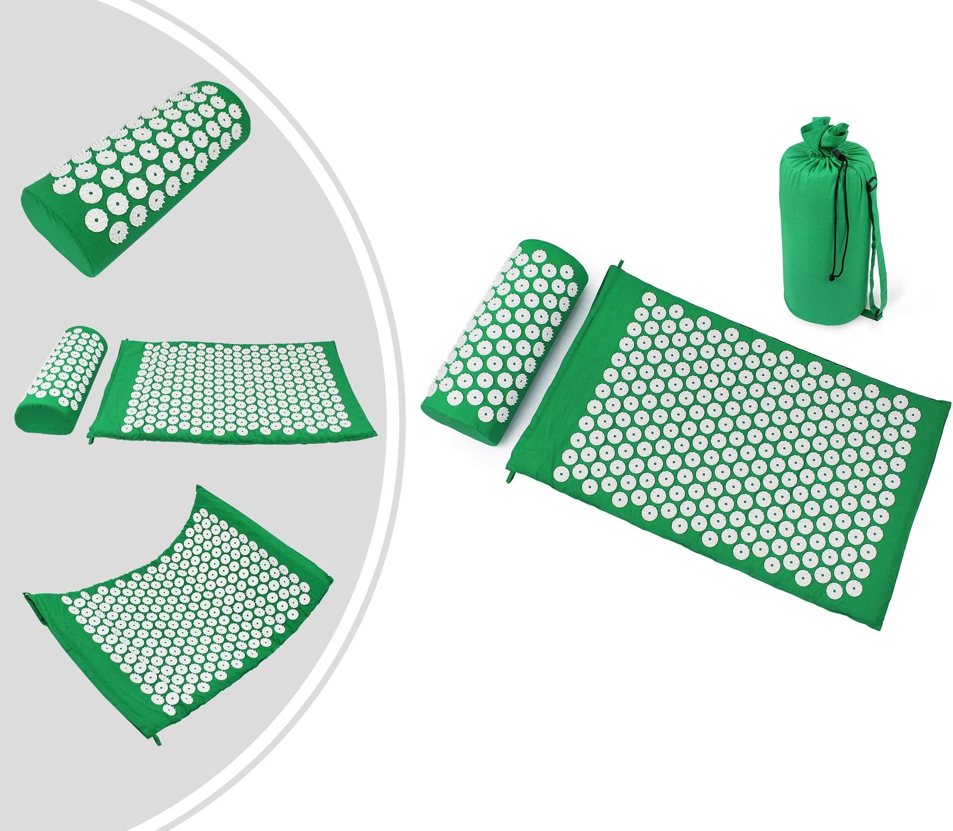 Leogreen - Acupressure Mat and Pillow Set, Home Massage Set, Green, with Bag and Pillow, Standard/Certification: ROHS, Number of Nails: 66 Pieces on Pillow
