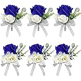 Ciandid Royal Blue Rose Wrist Corsage and Boutonniere set for Wedding, 3PCS Groom Groomsman Boutonnieres & 3PCS Bride Bridesmaid Wrist Corsages Wristlet Bracelet Flower for Wedding Ceremony Prom Party