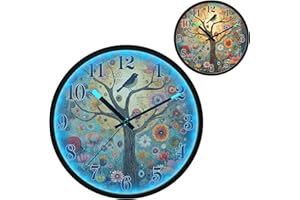 Xmycdz Tree and Birds LED Night Light Clock Round Wall Clocks Glow in Dark Battery Operated Silent Wall Clock for Bedroom Hom