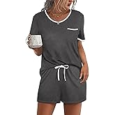 Ekouaer Pajama Set for Women 2 Piece Lounge Set Short Sleeve Tops and Shorts Soft Sleepwear, Chest Pocket