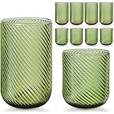 WeirdUncle Set of 8 Ribbed Glassware,4 Highball Glasses 14oz & 4 Rocks Drinking Glasses 9oz, Origami Style, Fluted Design, for Milk, Water, Cocktail, Juice, Beer, ToothBrush Cup, Gif (Leaning Green)